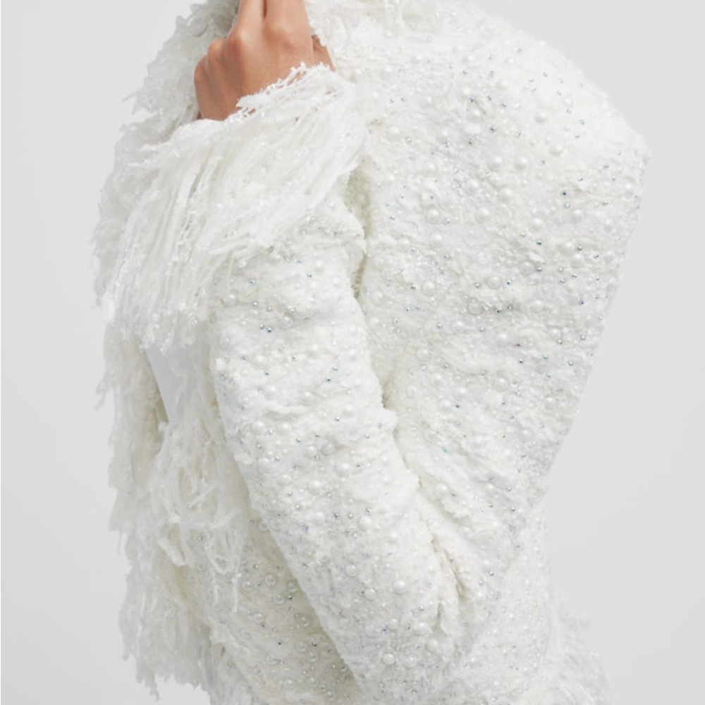 Balmain Jacket Pearl Crystal Tweed With Fringe Trim $5195 retail